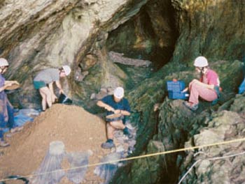 Cloddiadau ymchwil ym 1996 i archwilio'r man y darganfuwyd ysgerbwd "Dynes Goch" Ogof Pen-y-fai, Gwyr, Abertawe. (h)Amgueddfa Genedlaethol Cymru