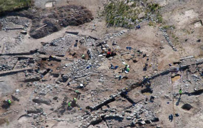 An aerial view of the excavation of a late prehistoric settlement at Parc Cybi, Ty Mawr, Holyhead ,Isle of Anglesey, in the summer of 2007. ©Gwyneddd Archaeological Trust 